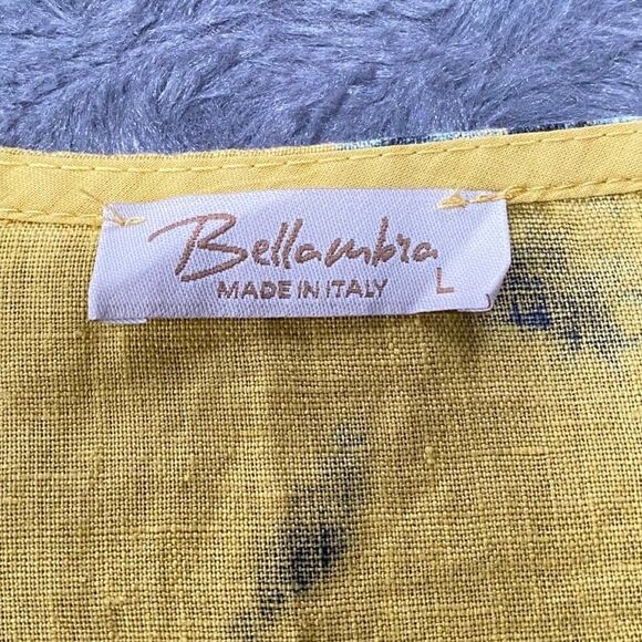 Bellambia Italy Linen Boxy Top Size L Blouse Cap Sleeve Yellow Blue Tie Dye - Picture 9 of 10